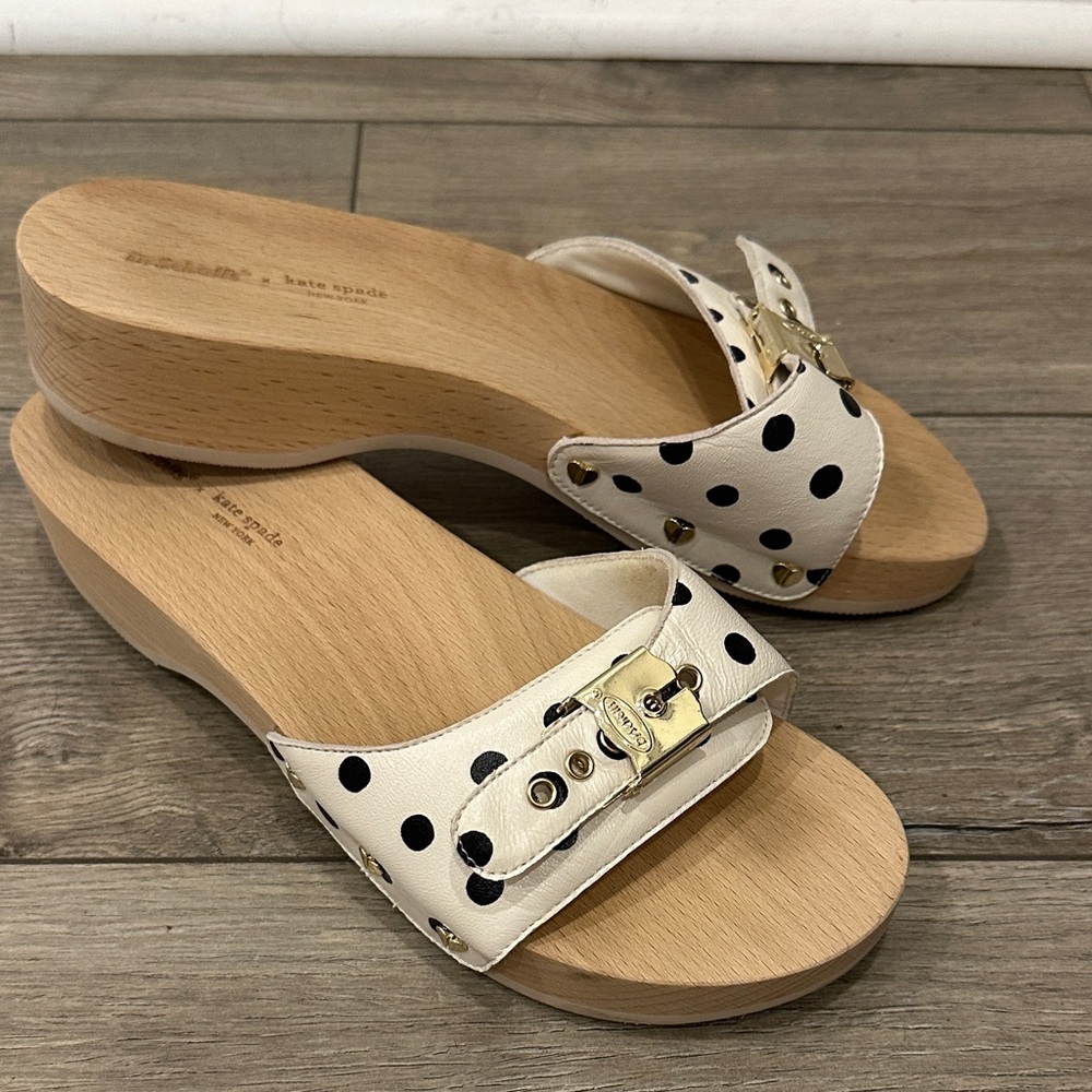 kate spade White Polka Dot Leather Buckle Wooden Wedge Slides